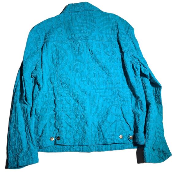 Vtg 1990s Chico's Turquoise Blue Textured Fabric Collared Trucker Jacket 1 M - Picture 2 of 5